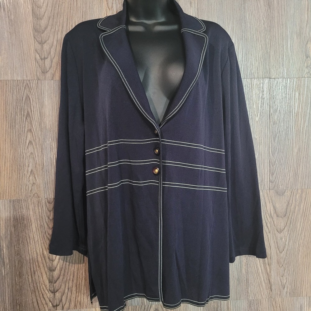 MISOOK Dark Navy Blue Knit Blazer Sz XL Acrylic 3-Button Jacket Slits Careerwear